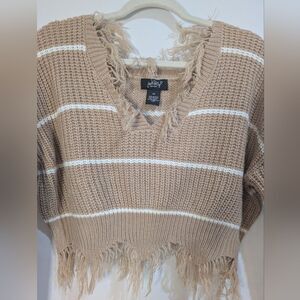 Just Polly Stylish Tan White Fringed Distressed V-Neck Sweater Grunge Streetwear